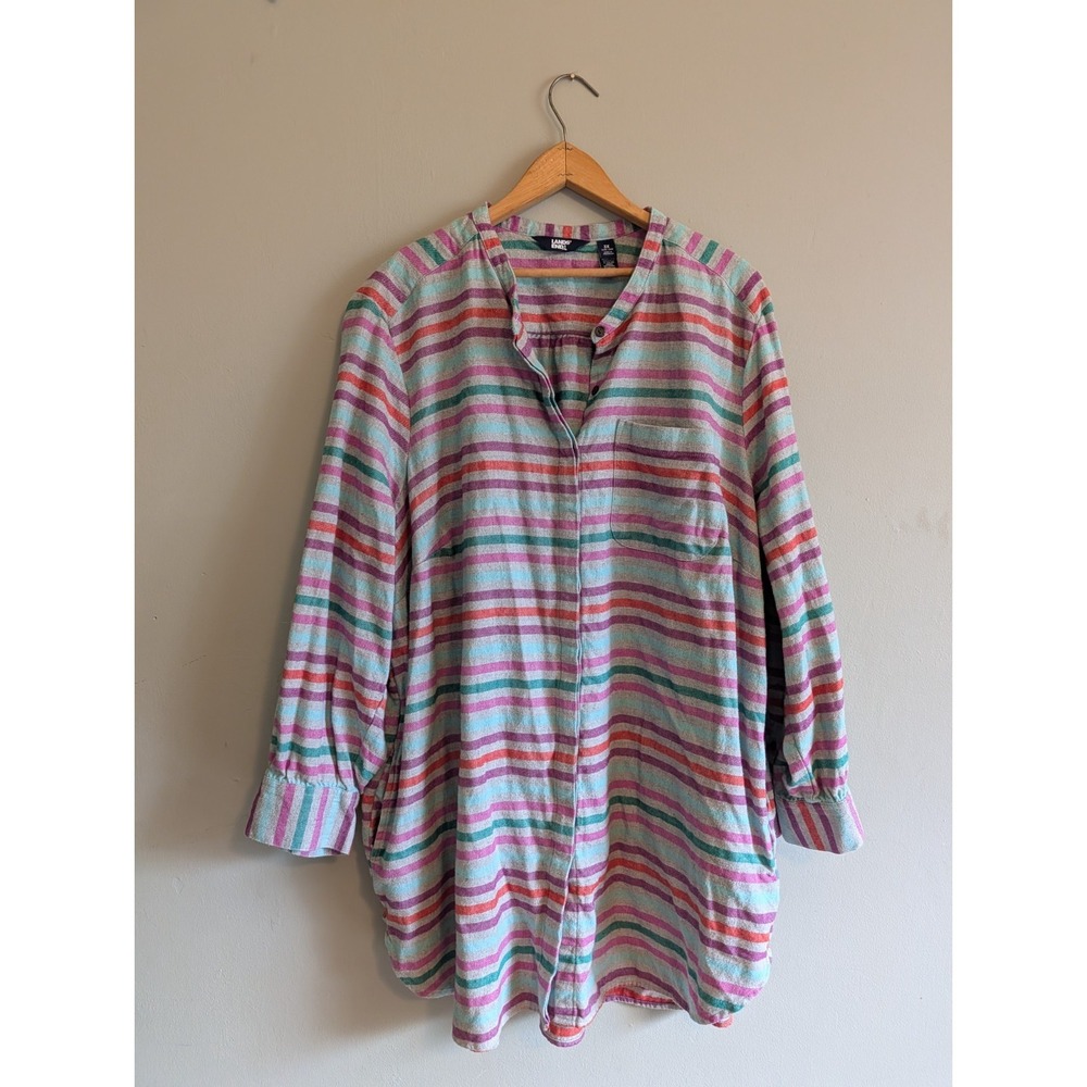 Lands End Womens Button Down Flannel Tunic 3X Pockets Striped Colorful Cozy Soft